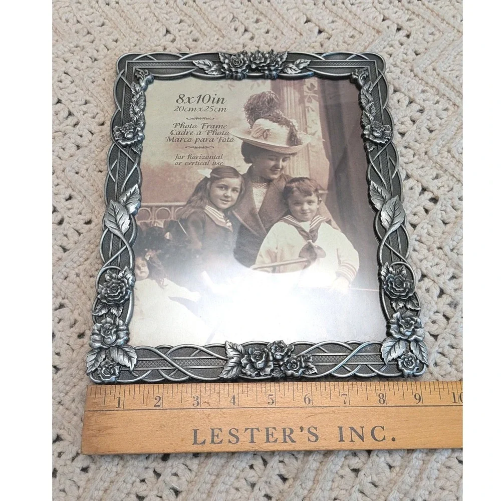 Vintage Style Pewter Rose Vine Metal Photo Frame 8x10 Ornate Victorian Floral